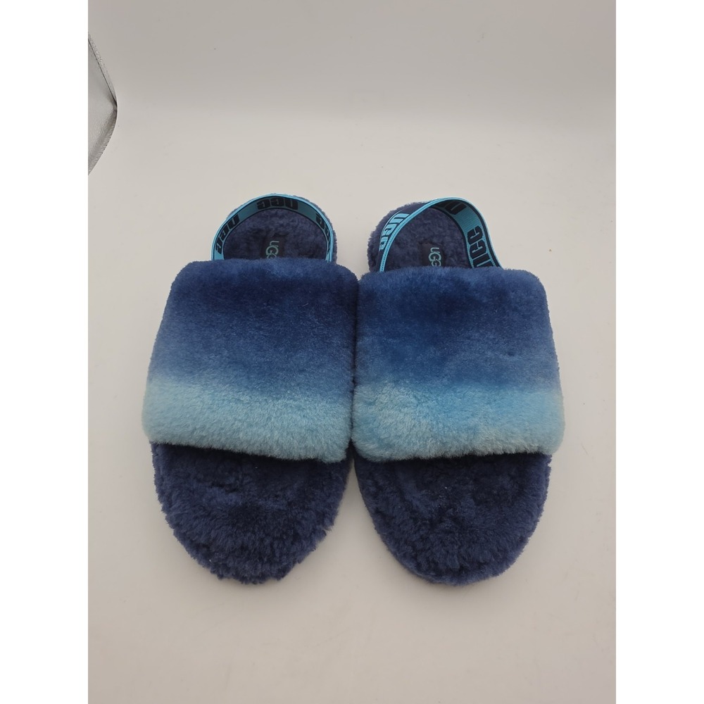 Women UGG Fluff Slides Bright Blue Slipper Size 4 w/ Straps